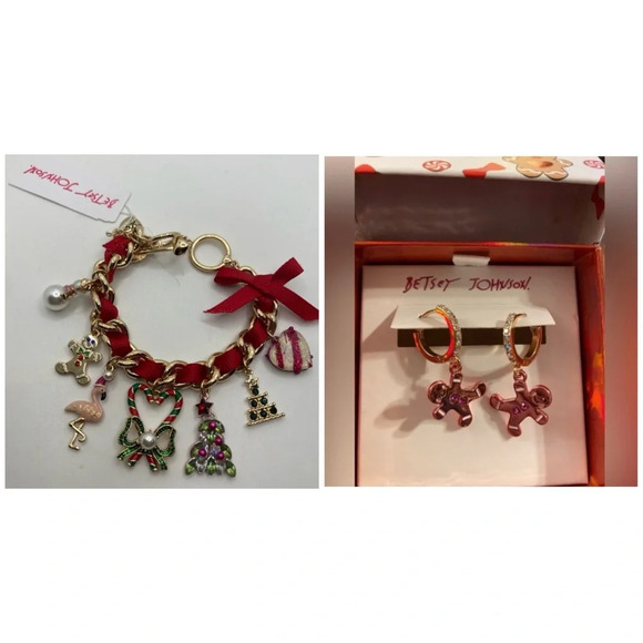 BETSEY JOHNSON SET Christmas Holiday Charm Bracelet Red Ribbon & Earrings NWT - Picture 1 of 11